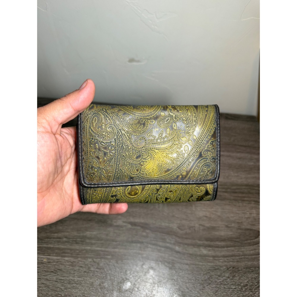 Trifold Wallet Embossed Paisley Distressed Olive Green Yellow OS